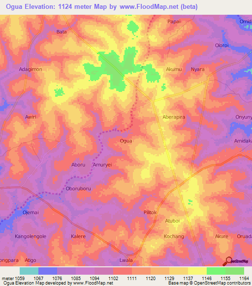 Ogua,Uganda Elevation Map