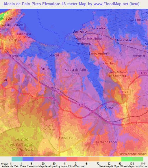 Aldeia de Paio Pires,Portugal Elevation Map