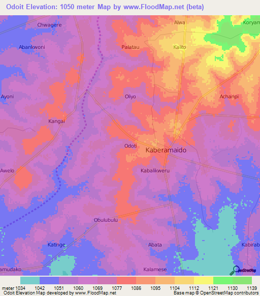 Odoit,Uganda Elevation Map