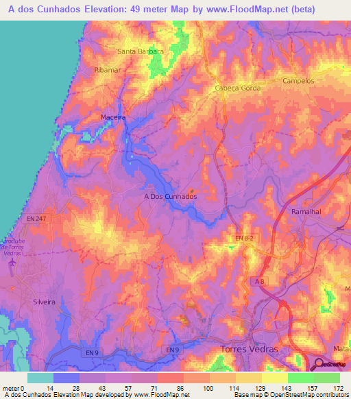 A dos Cunhados,Portugal Elevation Map