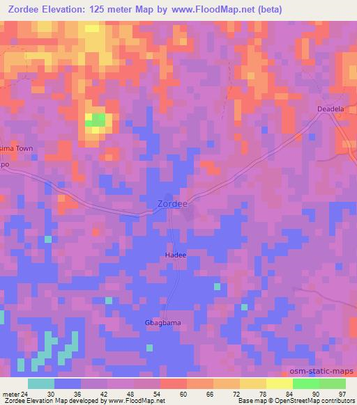 Zordee,Liberia Elevation Map