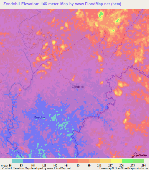 Zondobli,Liberia Elevation Map