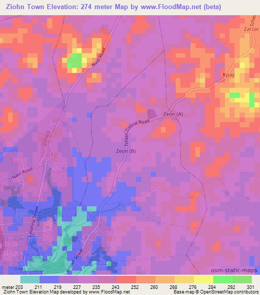 Ziohn Town,Liberia Elevation Map