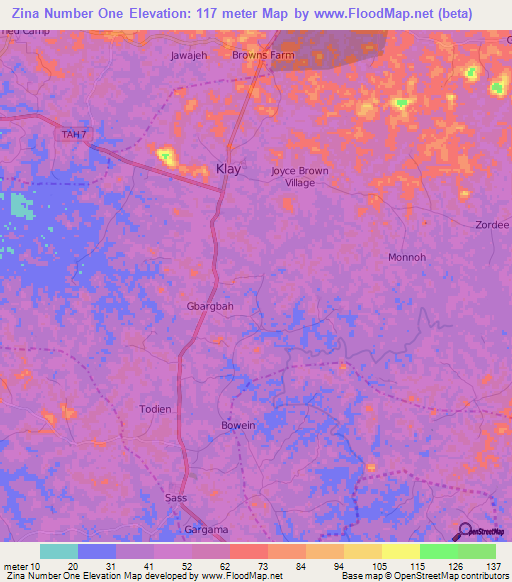 Zina Number One,Liberia Elevation Map
