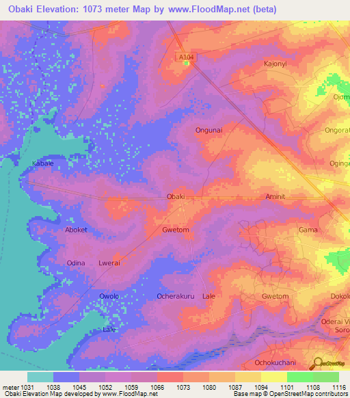 Obaki,Uganda Elevation Map
