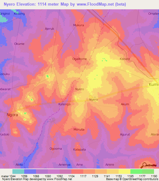 Nyero,Uganda Elevation Map