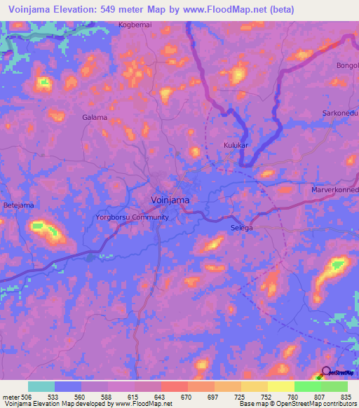 Voinjama,Liberia Elevation Map