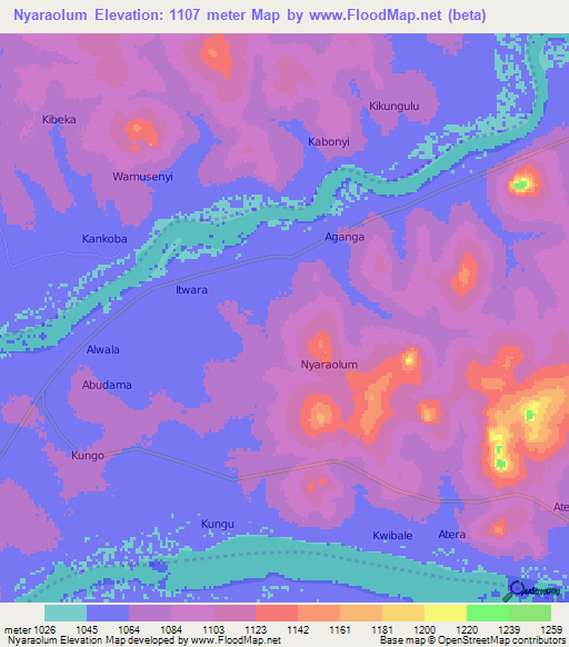 Nyaraolum,Uganda Elevation Map