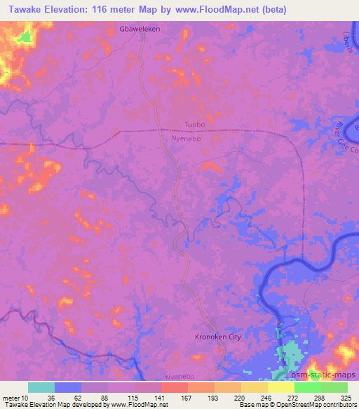 Tawake,Liberia Elevation Map