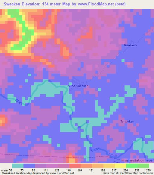 Sweaken,Liberia Elevation Map