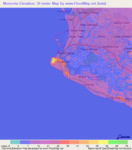 Monrovia,Liberia Elevation Map
