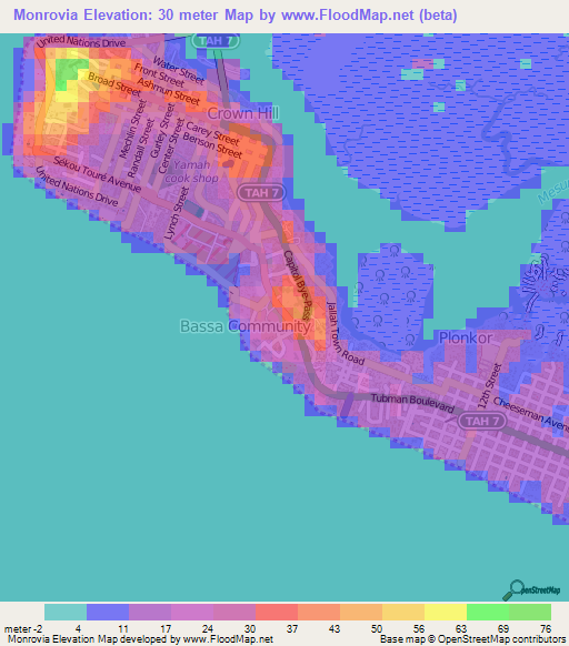 Monrovia,Liberia Elevation Map