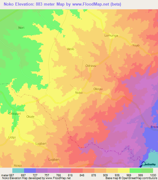 Noko,Uganda Elevation Map
