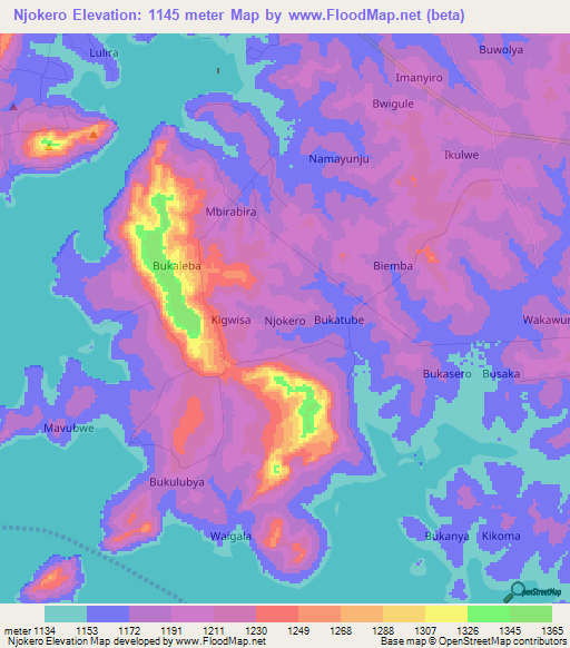 Njokero,Uganda Elevation Map