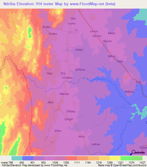 Ndriba,Uganda Elevation Map
