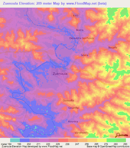 Zuenoula,Ivory Coast Elevation Map