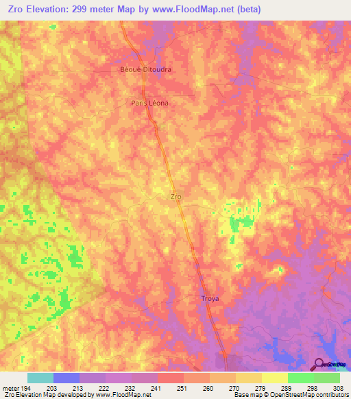Zro,Ivory Coast Elevation Map