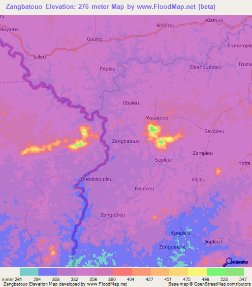 Zangbatouo,Ivory Coast Elevation Map
