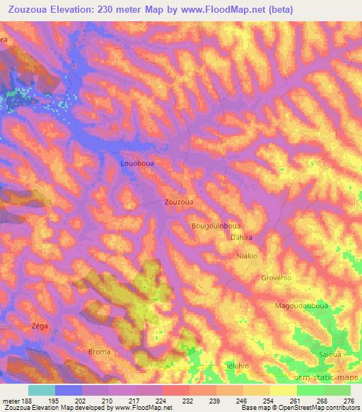 Zouzoua,Ivory Coast Elevation Map