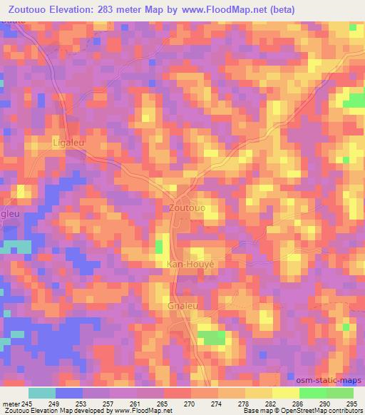 Zoutouo,Ivory Coast Elevation Map
