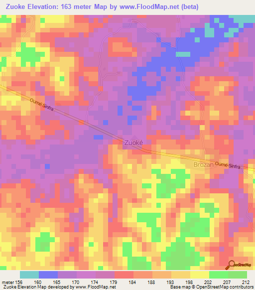 Zuoke,Ivory Coast Elevation Map