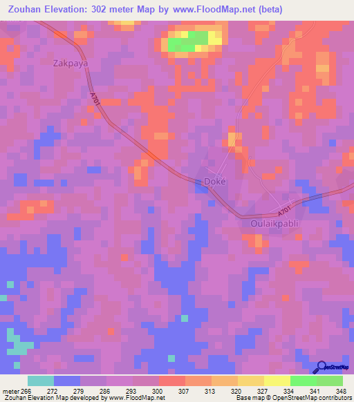 Zouhan,Ivory Coast Elevation Map