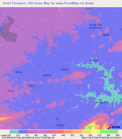 Zodri,Ivory Coast Elevation Map