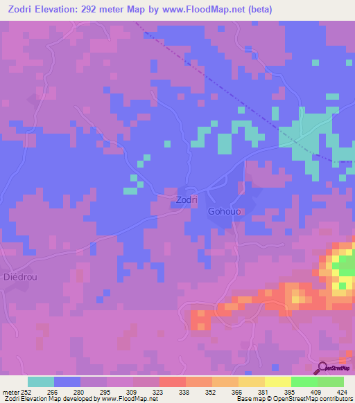 Zodri,Ivory Coast Elevation Map