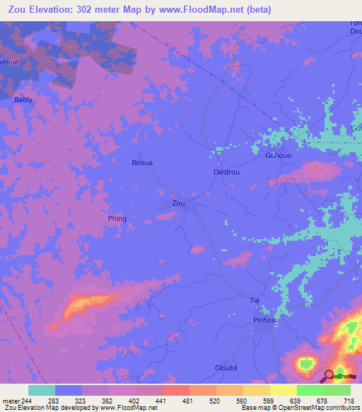 Zou,Ivory Coast Elevation Map