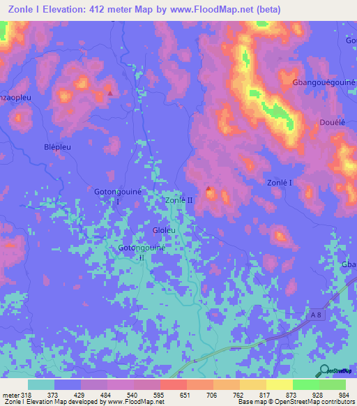 Zonle I,Ivory Coast Elevation Map