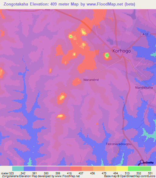 Zongotakaha,Ivory Coast Elevation Map
