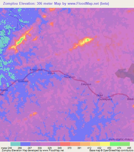 Zomplou,Ivory Coast Elevation Map
