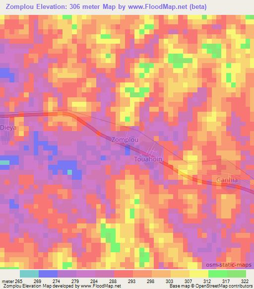 Zomplou,Ivory Coast Elevation Map