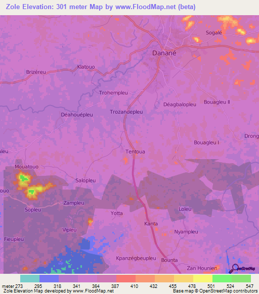 Zole,Ivory Coast Elevation Map