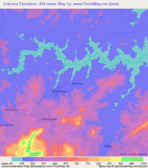 Zokoma,Ivory Coast Elevation Map