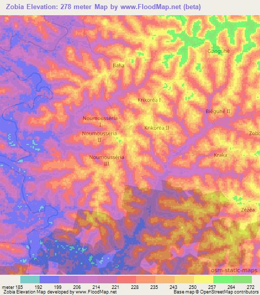 Zobia,Ivory Coast Elevation Map