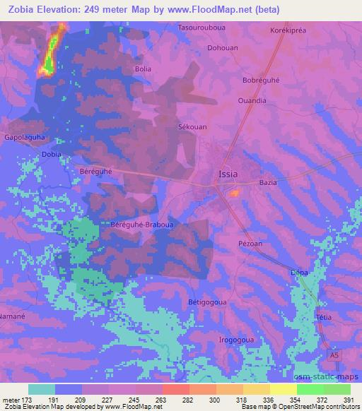 Zobia,Ivory Coast Elevation Map