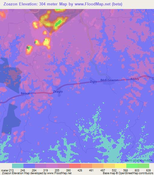 Zoazon,Ivory Coast Elevation Map