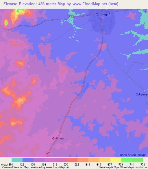 Zievaso,Ivory Coast Elevation Map
