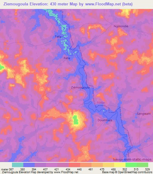 Ziemougoula,Ivory Coast Elevation Map