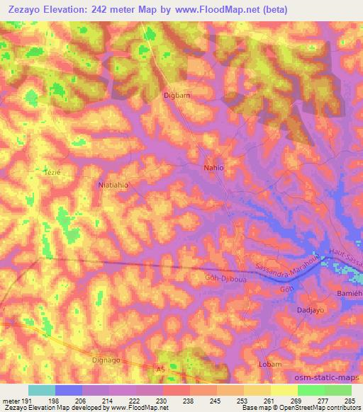 Zezayo,Ivory Coast Elevation Map