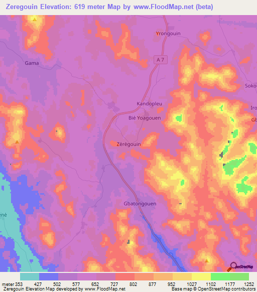 Zeregouin,Ivory Coast Elevation Map