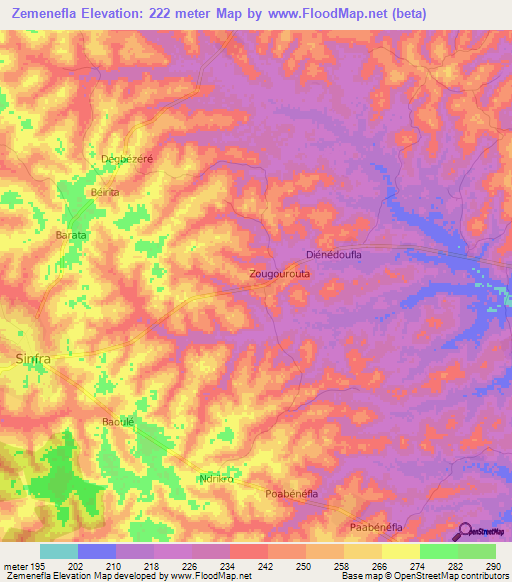 Zemenefla,Ivory Coast Elevation Map