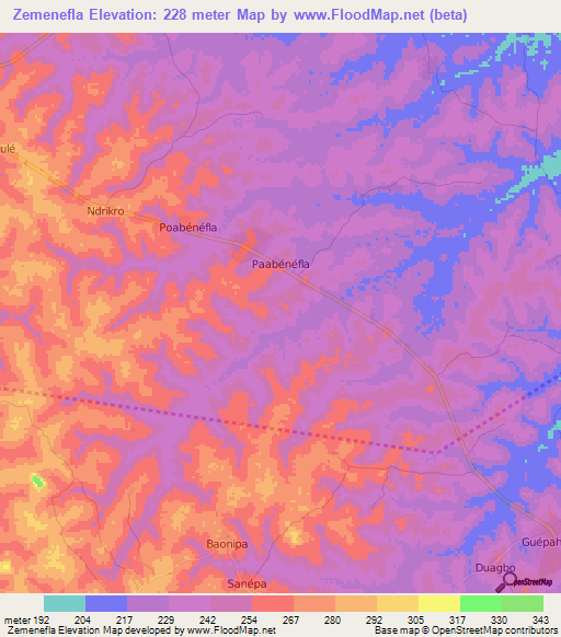 Zemenefla,Ivory Coast Elevation Map