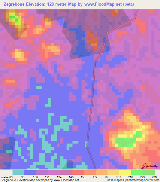 Zegreboue,Ivory Coast Elevation Map