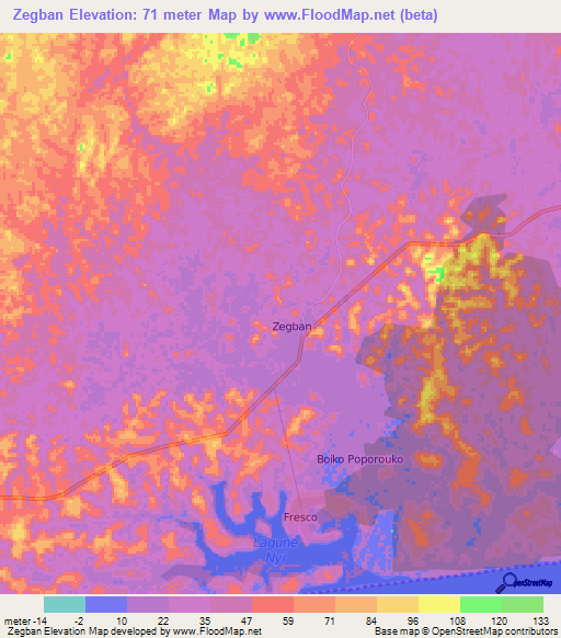 Zegban,Ivory Coast Elevation Map