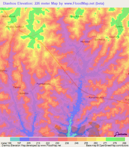 Dianhou,Ivory Coast Elevation Map
