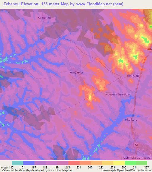Zebenou,Ivory Coast Elevation Map