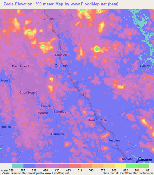 Zeale,Ivory Coast Elevation Map