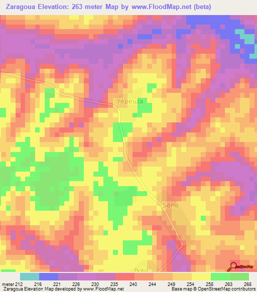 Zaragoua,Ivory Coast Elevation Map